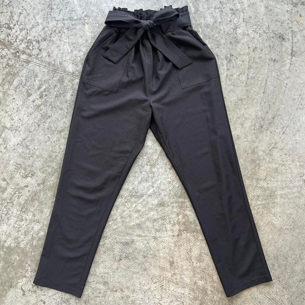 Grace Karin Black Paper Bag Pants Stretchy Elastic Waist Trousers Women's Medium - Picture 9 of 11